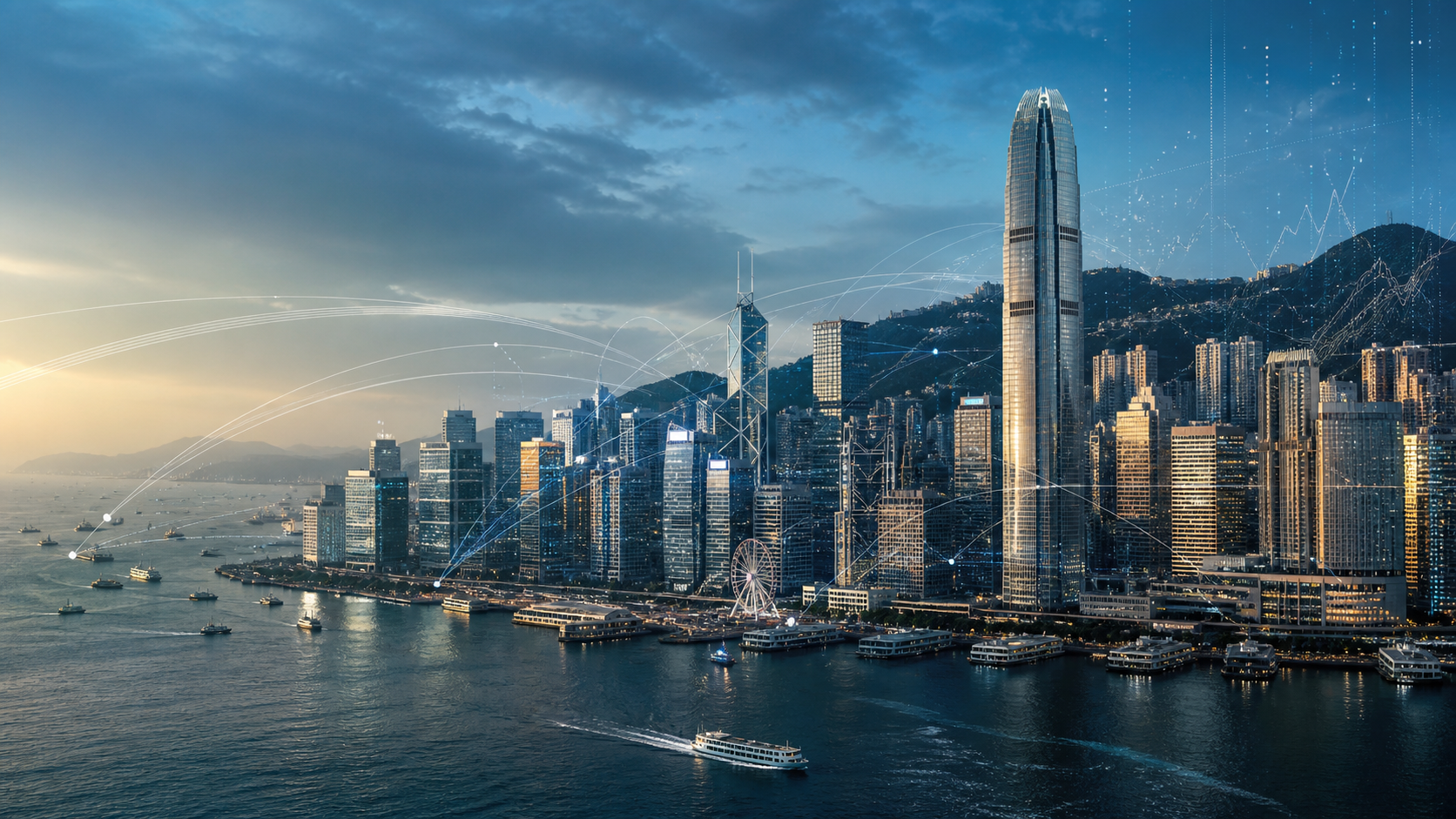 香港中环与维多利亚港全景，叠加抽象的数据与网络连接线